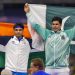 Silver medallist India's Neeraj Chopra and Gold medallist Pakistan's Arshad Nadeem celebrate after the men's javelin throw final at the 2024 Summer Olympics, in Paris, France.