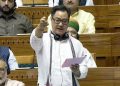 Union minister Kiren Rijiju speaks in the Lok Sabha on the new Waqf Bill