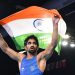 India's Aman Sehrawat during his men's freestyle 57kg wrestling quarterfinal win over Albania's Zelimkhan Abakarov at the Paris Olympics on Thursday.