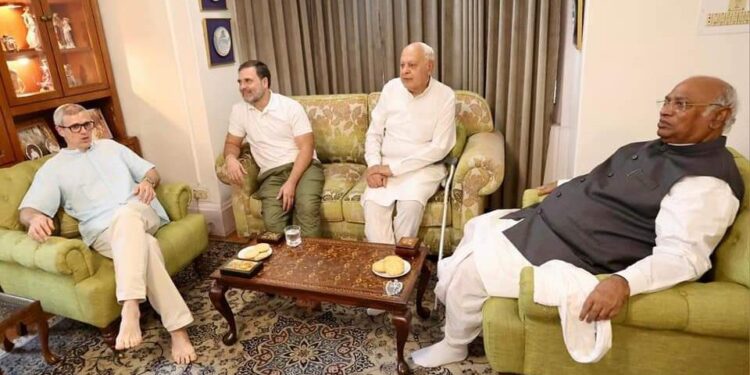 From left, Omar Abdullah, Rahul Gandhi, Farooq Abdullah and Mallikarjun Kharge. Photo