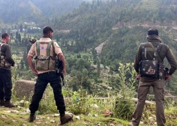 Security personnel during a search operation after a CRPF jawan was killed in a terrorist attack, in Udhampur