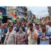 Cong leader Mohinder Bhardwaj leading a rally in Vijaypur on Monday.