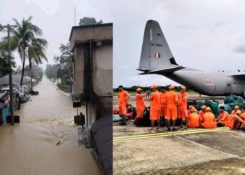 One of the photos circulating on social media, purportedly of a flooded Bangladesh village. To the right is an image of NDRF waiting to be deployed to Tripura, also suffering from floods.