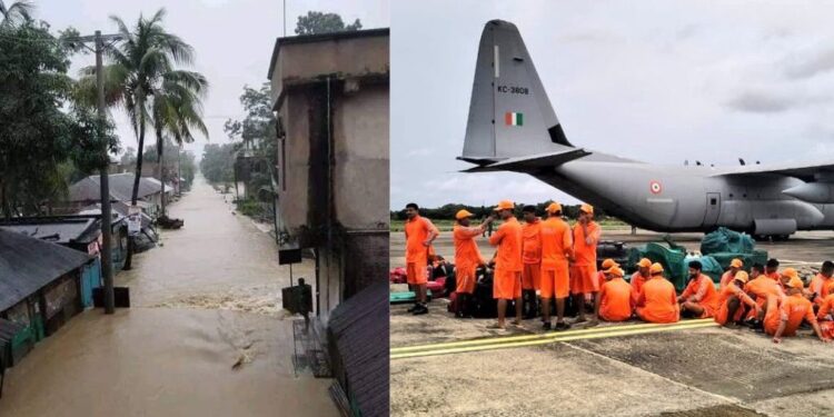 One of the photos circulating on social media, purportedly of a flooded Bangladesh village. To the right is an image of NDRF waiting to be deployed to Tripura, also suffering from floods.