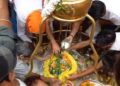 Prayers being offered at Aap Shambu Temple, on the last Monday of the holy month of 'Sawan'