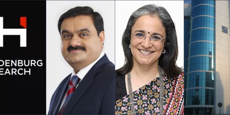 Photo collage: Hindenburg Research logo, Gautam Adani, SEBI chair Madhabi Buch, SEBi headquarters in Mumbai.