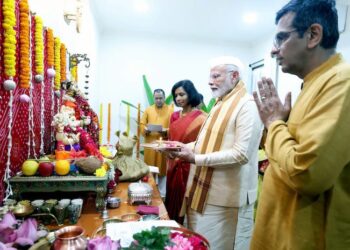 Prime Minister Narendra Modi attends 'Ganpati Poojan' at the residence of Chief Justice of India DY Chandrachud, in New Delhi, Wednesday, Sept. 11, 2024