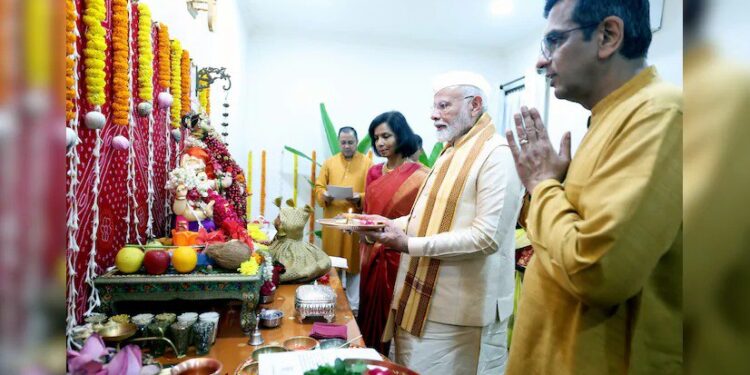 Prime Minister Narendra Modi attends 'Ganpati Poojan' at the residence of Chief Justice of India DY Chandrachud, in New Delhi, Wednesday, Sept. 11, 2024