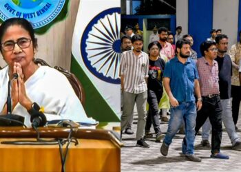 (L)West Bengal Chief Minister address the media after junior doctors refused to turn up for a meeting to resolve the RG Kar issue. (R) Junior doctors leaving the Nabanna without attending the meeting.