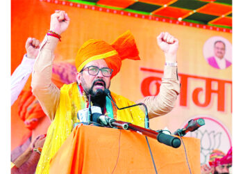 Former Union Minister Anurag Thakur addressing an election rally at Jammu on Thursday.