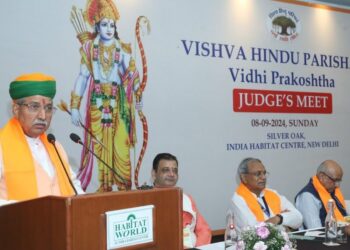 Union Law Minister Arjun Ram Meghwal addressing the meeting of former judges organised by the VHP legal cell on September 8.