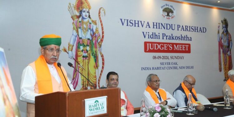 Union Law Minister Arjun Ram Meghwal addressing the meeting of former judges organised by the VHP legal cell on September 8.