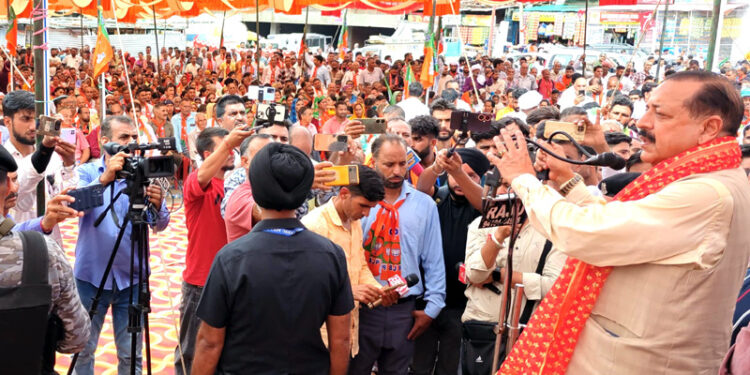 Union Minister Dr Jitendra Singh addressing a public rally at Kalakote in district Rajouri on Tuesday.