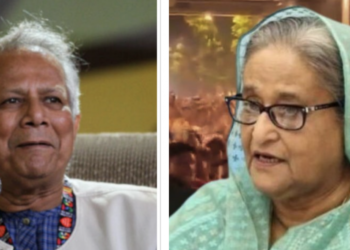 Photo Collage: Head of Bangladesh's Interim Government Muhammad Yunus (L) and former Bangladesh Prime Minister Sheikh Hasina. Photo: Raif Lotys. Attribution 4.0 International and Screengrab