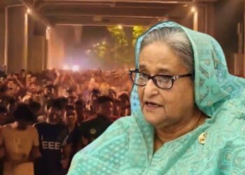 Sheikh Hasina. In the background is a video screengrab showing protesters in Bangladesh.