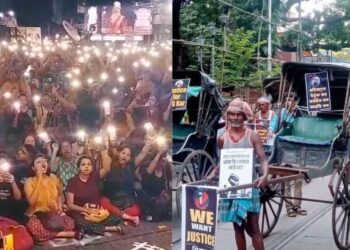 A screengrab of a video showing women at a protest gathering in Kolkata's Jadavpur. (Right) Rickshawpullers at a protest in Kolkata.