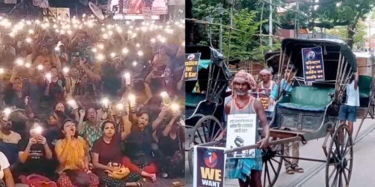 A screengrab of a video showing women at a protest gathering in Kolkata's Jadavpur. (Right) Rickshawpullers at a protest in Kolkata.