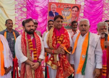 Ankur Sharma (second from left) campaigning for the BJP in the Jammu and Kashmir elections. Photo: X/ AnkurSharma_Adv