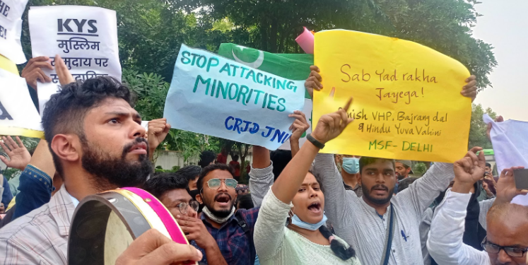 Citizens' groups, activists and students protest against anti-Muslim Tripura violence at Tripura Bhawan in New Delhi, on October 29, 2021. Photo: Sumedha Pal