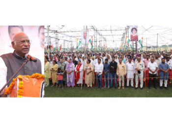 Congress chief Mallikarjun Kharge addressing a public rally in Jasrota area of Kathua on Sunday