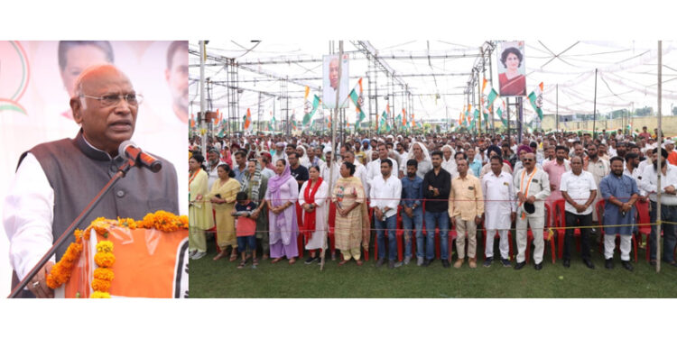 Congress chief Mallikarjun Kharge addressing a public rally in Jasrota area of Kathua on Sunday