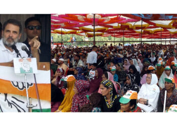 Cong leader Rahul Gandhi addressing an election rally at Sangaldan in Banihal on Wednesday.