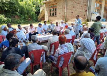 Ex-MLA and senior Cong leader Yogesh Sawhney addressing a public meeting in Jammu East on Wednesday.