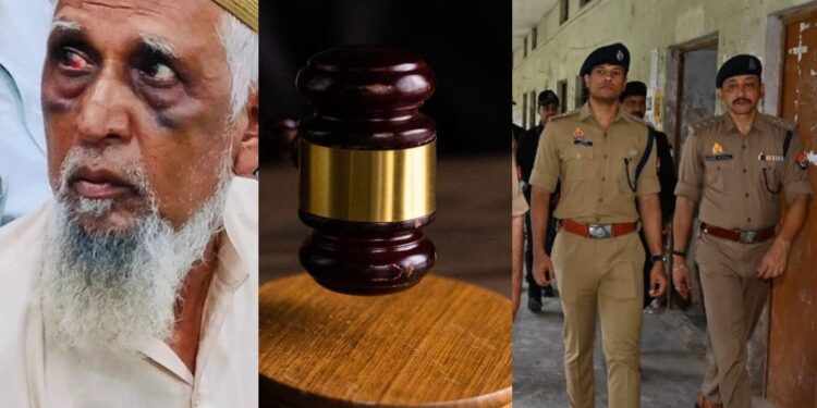 From left, a visibly beaten up Ashraf Ali Sayyed Hussain, representative image of a gavel and pound, and representative image of Maharashtra Police