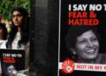 Demonstrators hold placards with the picture of journalist Gauri Lankesh during a 'Not In My Name' protest in New Delhi on September 7, 2017.