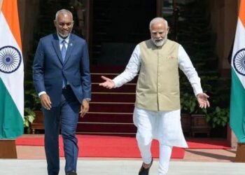 Prime Minister Narendra Modi and Maldives President Mohamed Muizzu before their meeting at the Hyderabad House in New Delhi