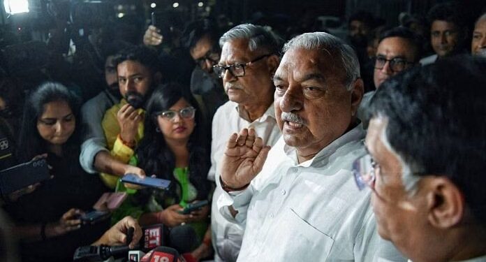 Former Haryana CM and party leader Bhupinder Singh Hooda addresses the media after a meeting of the Congress delegation with the Election Commission over concerns about the Haryana election result, in New Delhi Wednesday | Photo: ANI