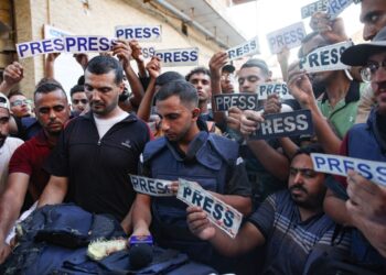 Screen grab of a video posted by IFJ Global on X, showing a protest to save journalists in Gaza. Photo: X@IFJGlobal