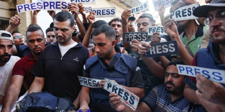 Screen grab of a video posted by IFJ Global on X, showing a protest to save journalists in Gaza. Photo: X@IFJGlobal