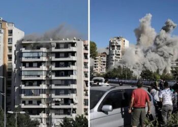 Smoke rises from a building that was hit by an Israeli airstrike in Ghobeiri, Beirut, Lebanon. (AP/Bilal Hussein)