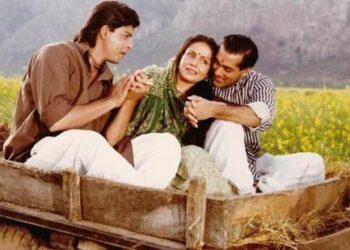 Shah Rukh Khan, Rakhee and Salman Khan in a still from Karan Arjun.