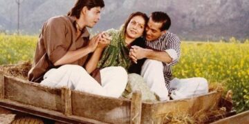 Shah Rukh Khan, Rakhee and Salman Khan in a still from Karan Arjun.