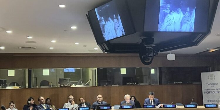 Officials at a special event titled 'Gandhian Values and UN Charter' organised by Permanent Mission of India to the United Nations (UN) on International Day of Non-Violence, at the UN headquarters.