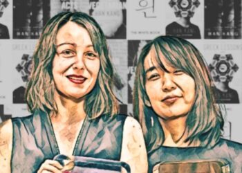 An illustration showing Han Kang (right) and her translator Deborah Smith. In the background are some of the Han's novels.