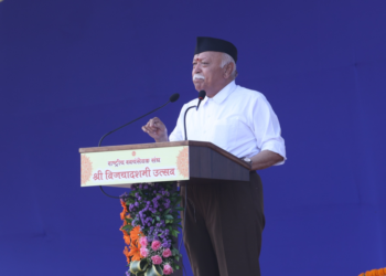 Mohan Bhagwat speaking at the Vijayadashami event in Nagpur. Photo: X/@RSSorg.