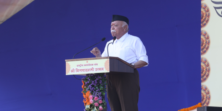 Mohan Bhagwat speaking at the Vijayadashami event in Nagpur. Photo: X/@RSSorg.