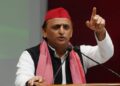 Samajwadi Party chief Akhilesh Yadav at a press conference in Lucknow.