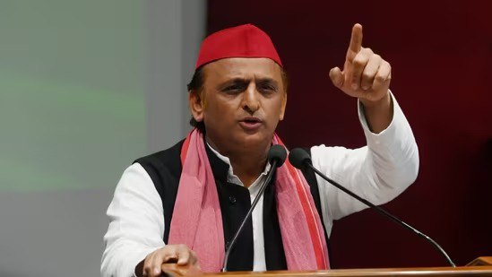 Samajwadi Party chief Akhilesh Yadav at a press conference in Lucknow.