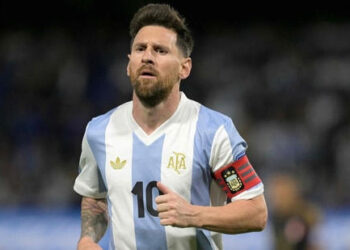 Argentina's forward #10 Lionel Messi gestures during the 2026 FIFA World Cup South American qualifiers football match between Argentina and Peru