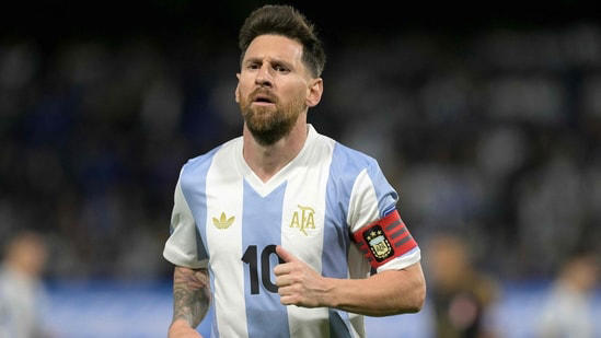 Argentina's forward #10 Lionel Messi gestures during the 2026 FIFA World Cup South American qualifiers football match between Argentina and Peru