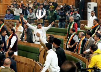 Ruckus in J-K Assembly as opposition MLAs raise slogans in protest over the special status resolution, in Srinagar, Friday, Nov. 8, 2024.