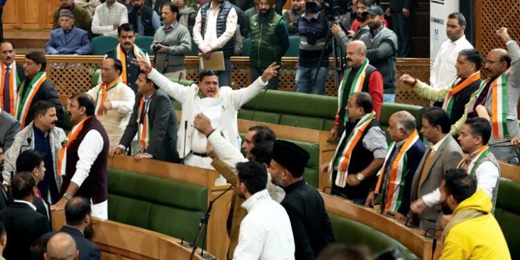 Ruckus in J-K Assembly as opposition MLAs raise slogans in protest over the special status resolution, in Srinagar, Friday, Nov. 8, 2024.