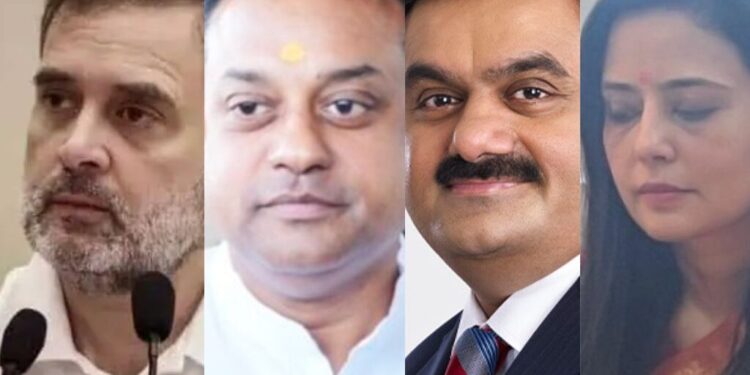 From left, Rahul Gandhi, Sambit Patra, Gautam Adani and Mahua Moitra.