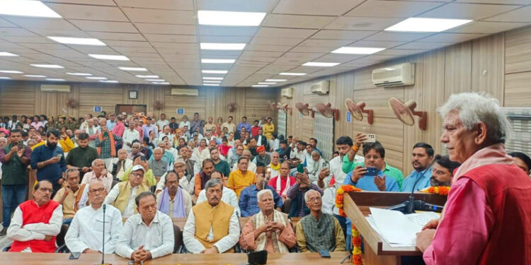 LG Manoj Sinha addressing a function at Ghazipur on Tuesday.