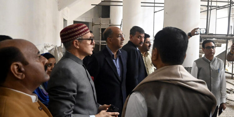 CM Omar Abdullah inspecting construction work on new Assembly complex at Jammu on Monday.