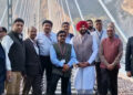 Minister for Railways Ravneet Singh Bittu with Railway officials and others in Reasi district on Tuesday.